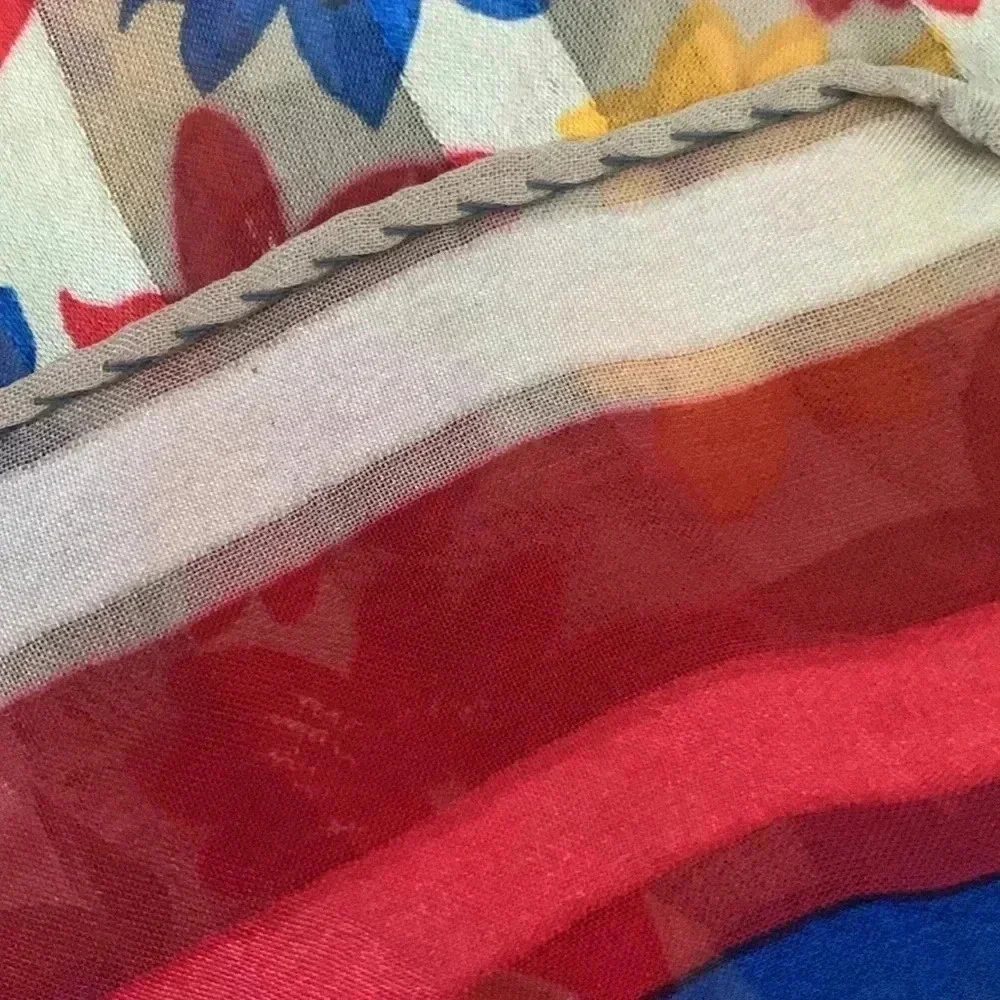 Floral print, silk scarf, red blue, yellow, and tan